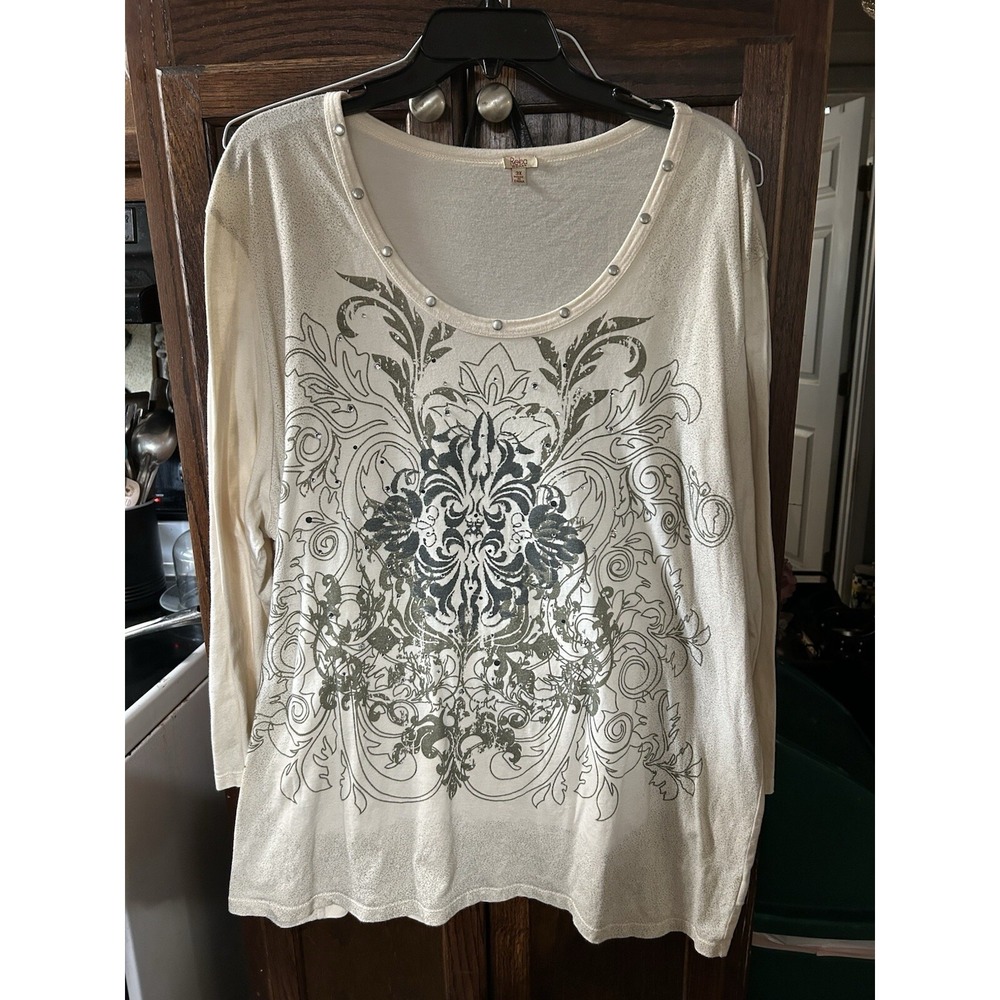Reba 3XL Beige T-shirt Top Long‎ Sleeve Women's Tee Gold Country Western Cowgirl